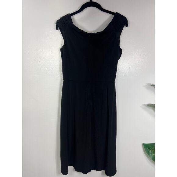 Tadashi Shoji Gathered Ruched Slimming Midi Black Dress LBD Elegant Polished - Picture 5 of 9